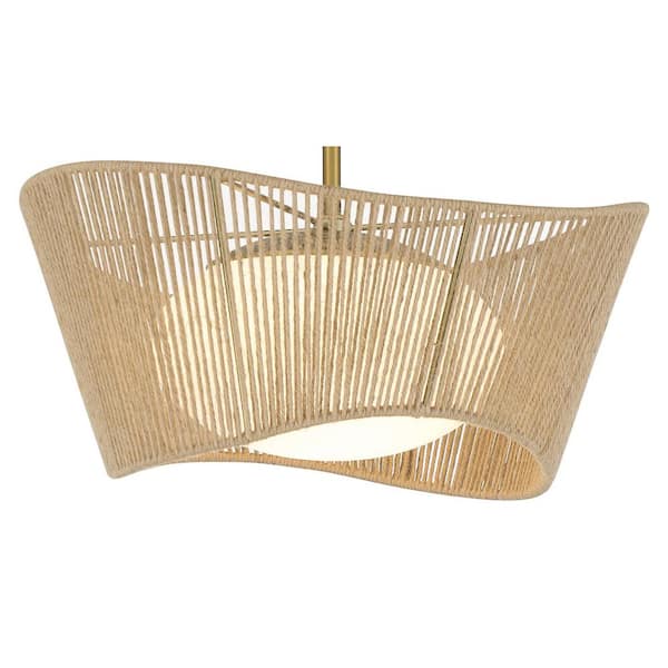 Key Largo 16 in. 1-Light Soft Brass Semi-Flush Mount with Etched Opal Glass and Natural Rope Shade