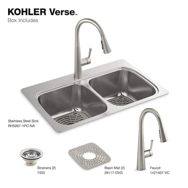 Verse Stainless Steel 33 in. Double Bowl Drop-In Kitchen Sink with Faucet