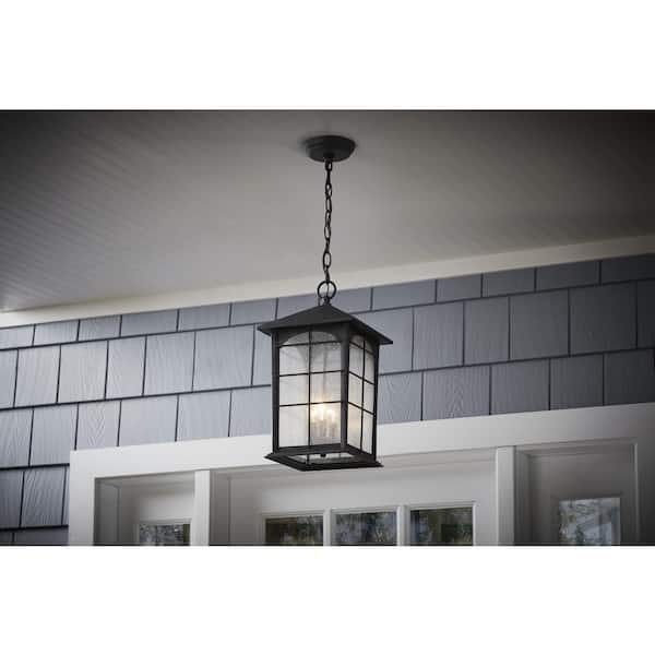 Brimfield 3-Light Aged Iron Outdoor Hanging Lamp with Clear Seedy Glass