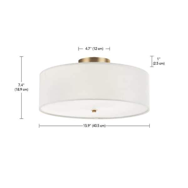 Kyle 15.9 in. 2-Light Matte Brass Semi-Flush Mount with White Linen Shade