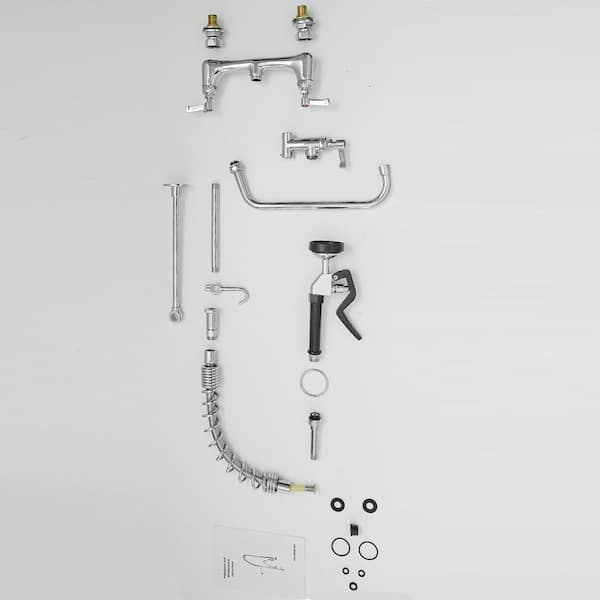 Commercial Restaurant Pull Down 2-Handle Wall Mount Pre-Rinse Spray Utility Kitchen Faucet in Polished Chrome