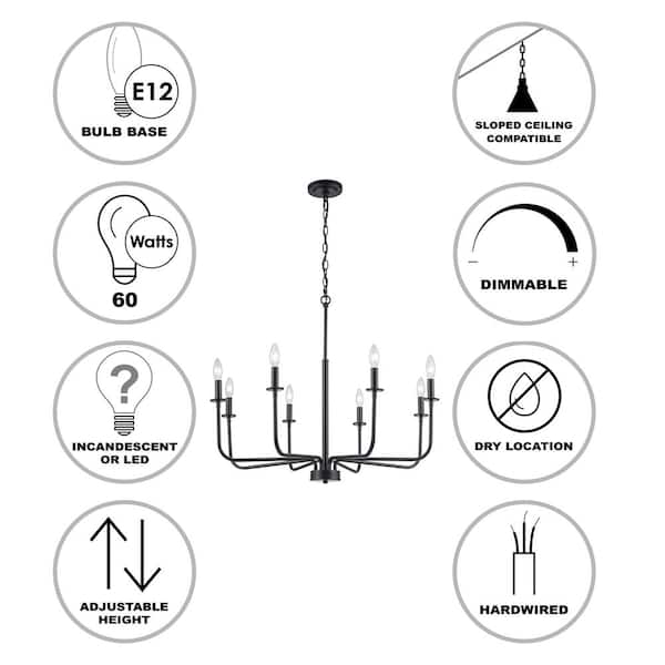 8-Light Black Candle Chandelier Light Fixture