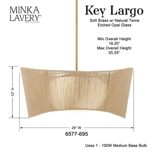 Key Largo 100-Watt 1-Light Soft Brass Shaded Pendant Light with Etched Opal Glass and Natural Rope Shade