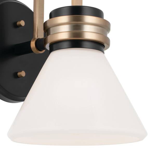 Farum 9.5 in. 1-Light Black with Champagne Bronze Bathroom Wall Sconce Light with Opal Glass Shade