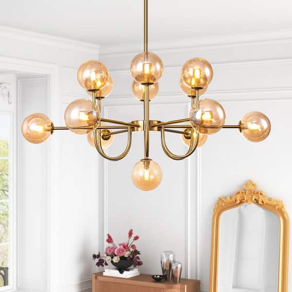 Dalton 13-Light Brass Modern Amber Glass Globe Sputnik Chandelier Vintage Farmhouse Magic Bean Molecule Ceiling Pendant
