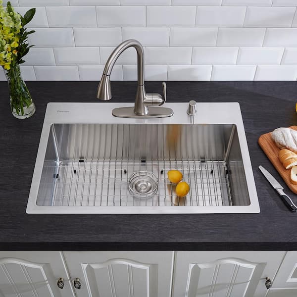 Professional 32 in. Tight Radius Drop-in 16G Stainless Steel 4-Hole Single Bowl Kitchen Sink with Accessories