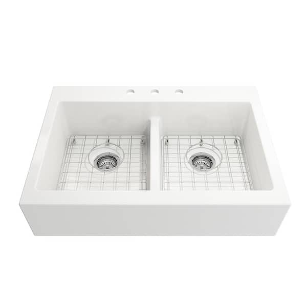 Farmhouse Apron-Front Fireclay 34 in. 3-Hole Double Bowl Kitchen Sink in White with Bottom Grid