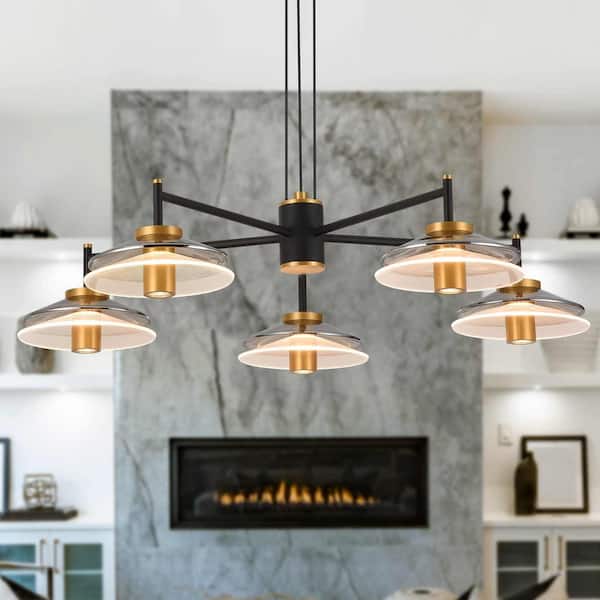 Verona 31 in. 5-Light ETL Certified Integrated LED Black Chandelier Lighting Fixture with Glass Shades