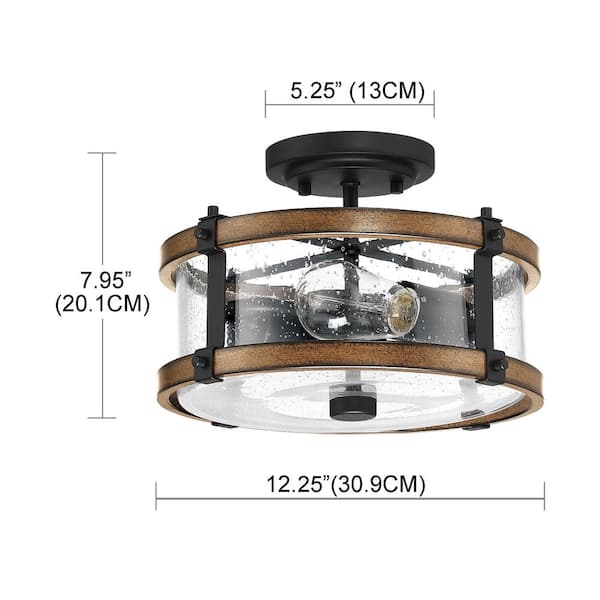 12.2 in. W. 2-Light Semi Flush Mount with Matte Black, Barnwood Accents and Seeded Glass Shade