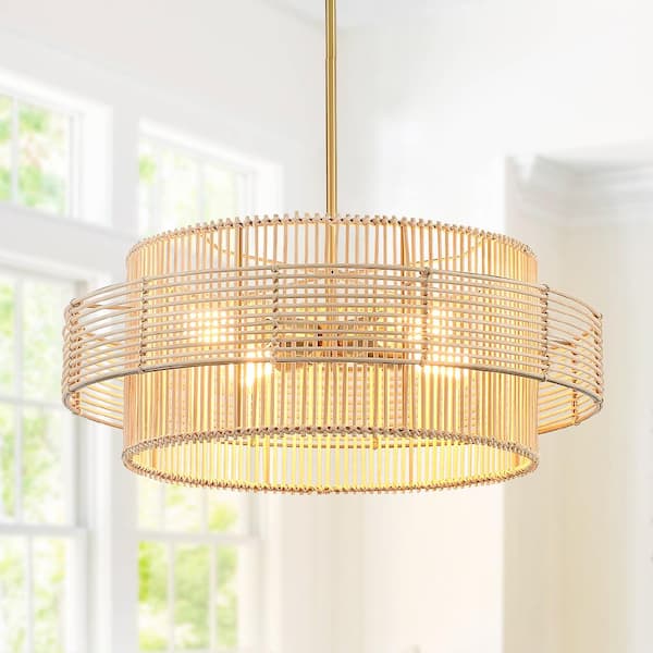Saturn 22 in. 4-Light Brass Modern Bohemian Chandelier with Natural Rattan Shade