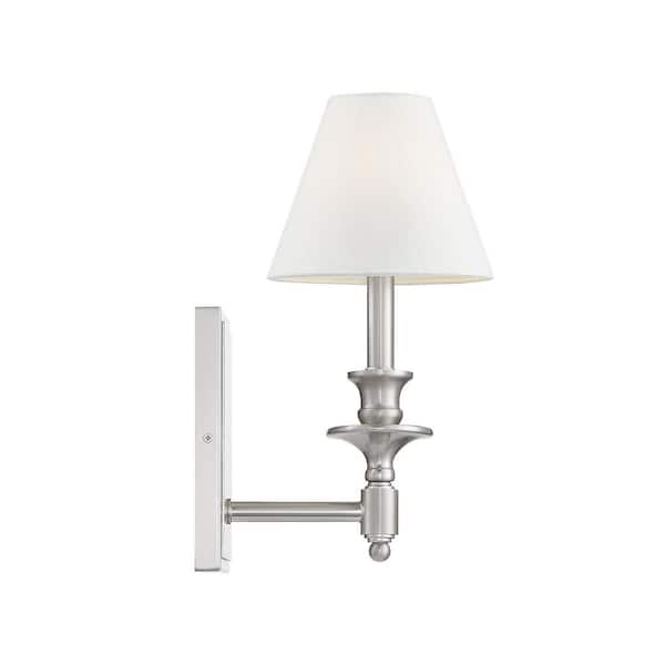 Washburn 7 in. W x 15 in. H 1-Light Satin Nickel Wall Sconce with White Linen Shade