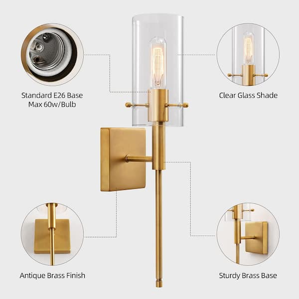 1-Light Gold Cylindrical Armed Sconce Set with Glass Shade (Set of 2)