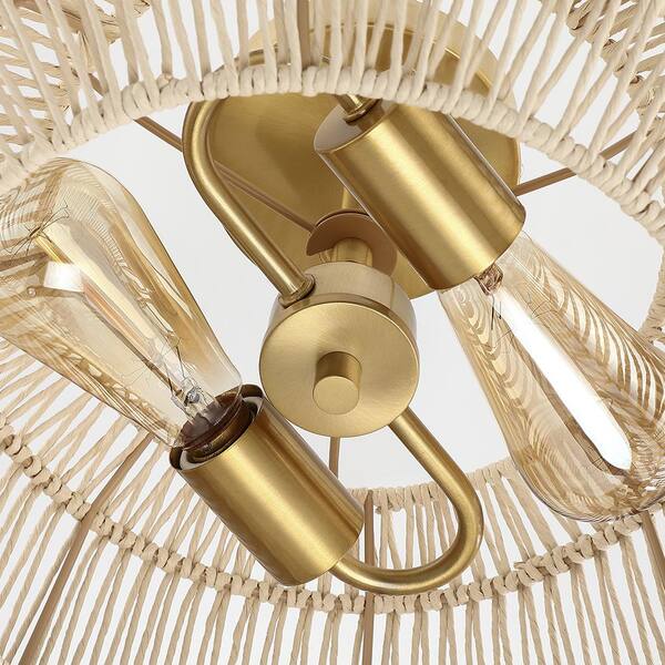 Bohe 14 in. 2-Light Rattan Semi-Flush Mount Ceiling Light with Brass Canopy