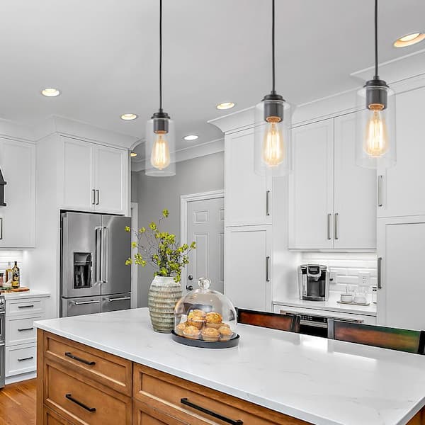 1-Light Black Island Pendant Light with Cylinder Clear Glass(3-Pack)