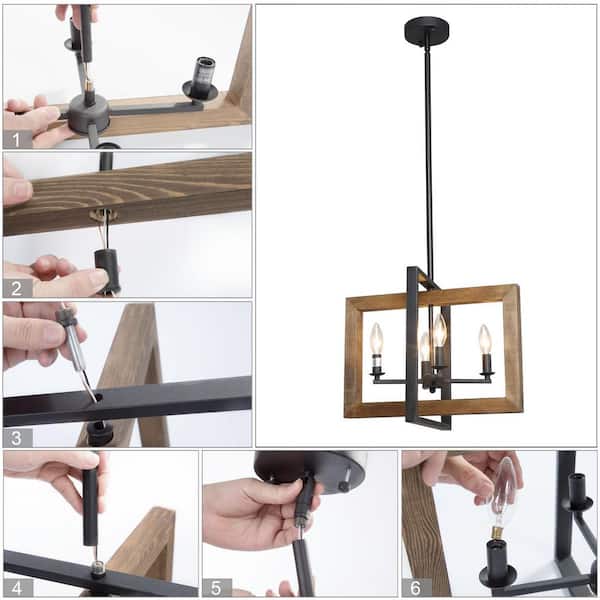 4-Light Black Modern Farmhouse Geometric Caged Wood Candelabra Chandelier LED Compatible Pendant Lighting