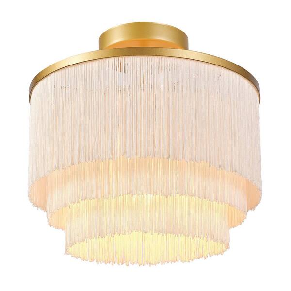 12 in. 1-Light Matte Gold Semi-Flush Mount Ceiling Light with White Fabric Fringe Shade