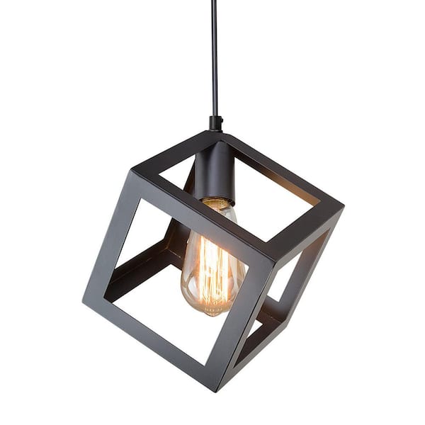 Modern Black Square Pendant Light DIY 1-Light Industrial Kitchen Island Bedroom Hallway Cube Hanging Chandelier (1-Pack)