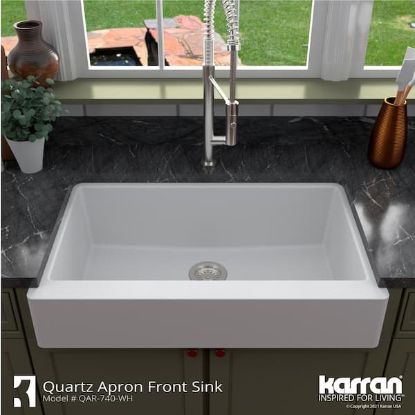 QAR-740 Quartz/Granite 34 in. Single Bowl Retrofit Farmhouse/Apron Front Kitchen Sink in White with Grid and Strainer