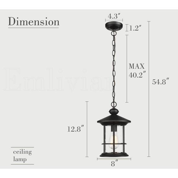 13 In.1-Light Black Outdoor Pendant Light Hanging Light Fixture with Seeded Glass Shade for Porch