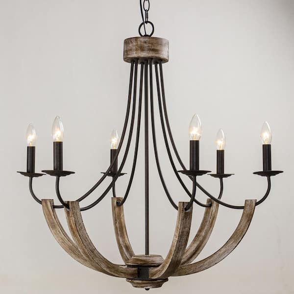 30 in. 6-Light Modern Distressed Black and Wood Farmhouse Candlestick Chandelier