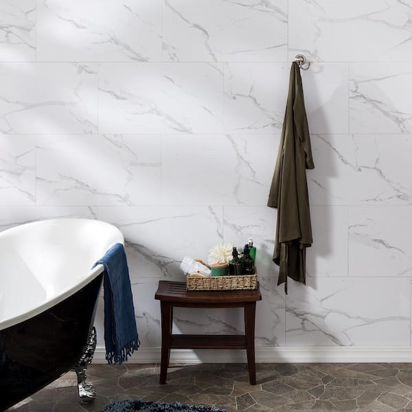 25.6 in. L x 14.8 in. W Carrara Marble No Grout Vinyl Wall Tile (21 sq. ft./case)