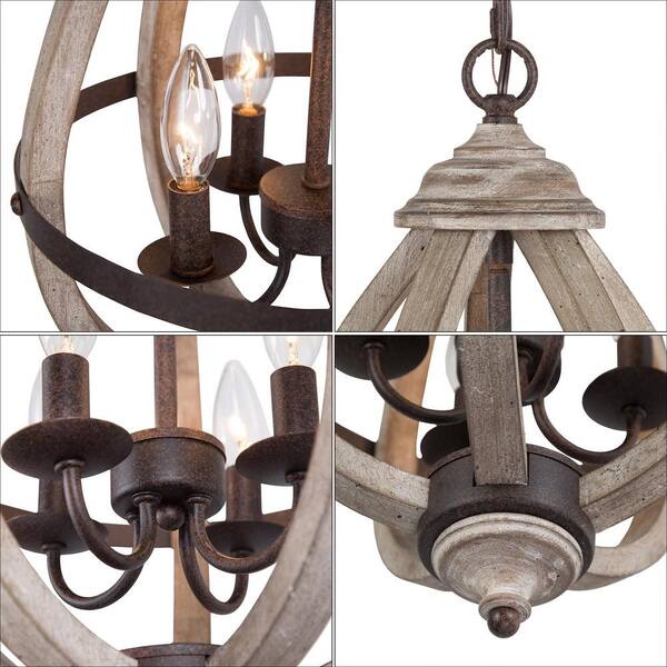 4-Light Rustic Bronze Farmhouse Globe Island Chandelier with Tear-Drop Wood Cage Transitional Candlestick Pendant Light