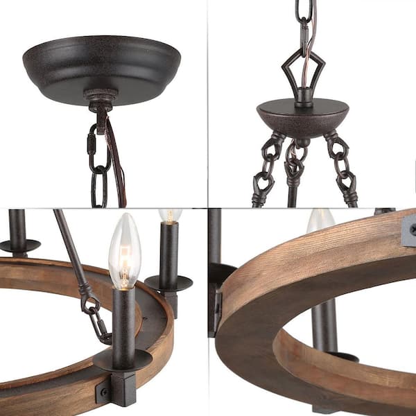 Farmhouse Wagon Wheel Chandelier, 6-Light Distressed Wood Circle Island Light, Rustic Bronze Dining Room Pendant Light