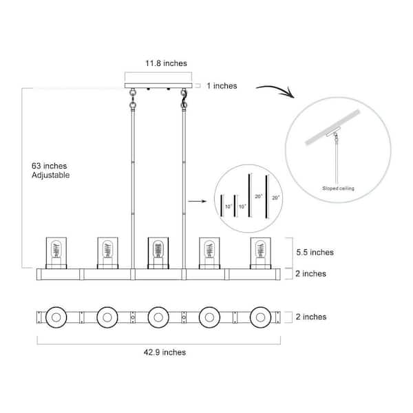 Linear Wood Chandelier, Brown Rectangular 5-Light Island Pendant Light Black Farmhouse Chandelier with Seedy Glass Shade