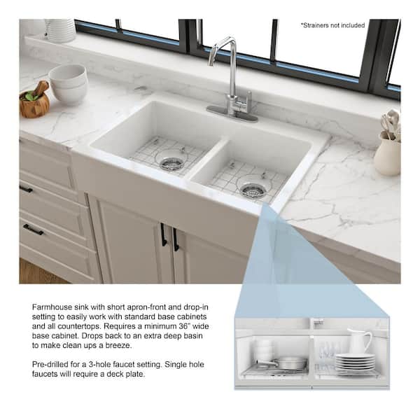 Farmhouse Apron-Front Fireclay 34 in. 3-Hole Double Bowl Kitchen Sink in White with Bottom Grid