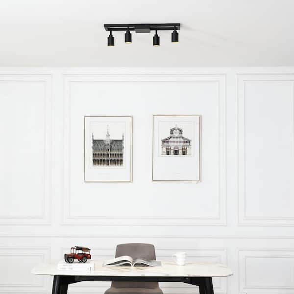 Black Modern Integrated LED Fixed Track Light, With Four 28-Watt Rotating Gimbal Heads, 3000K Interior Spotlights