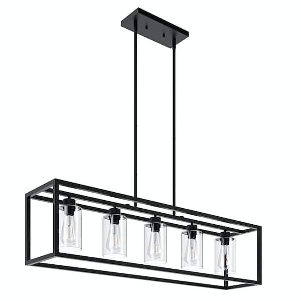 5 -Light Black Unique Statement Square Rectangle Chandelier With Glass Shade