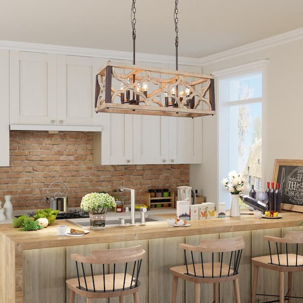 Farmhouse Rust Bronze Candlestick Chandelier 8-Light Distressed Wood Island Lantern Classic High Ceiling Light