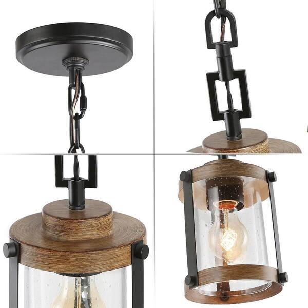Modern Farmhouse Brown Chandelier 1-Light 6 in. Black Drum Mini Island Pendant Light with Seeded Glass Shades