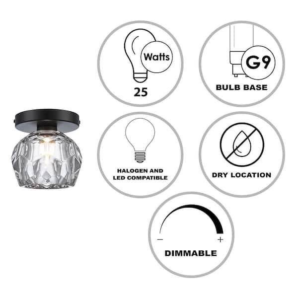 Sequoia 5 in. 1-Light Black Modern Semi Flush Mount Ceiling Light Fixture with Clear Glass Shade