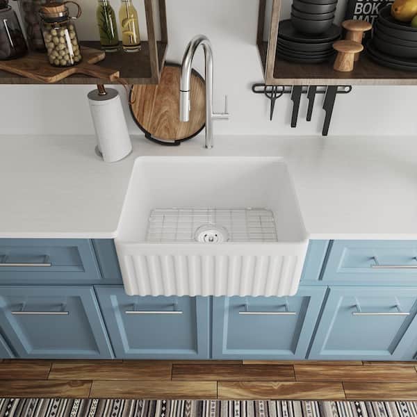 Perch 24 in. Farmhouse Apron Front Single Bowl Kitchen Sink in White Ceramic, Grid and Strainer Included