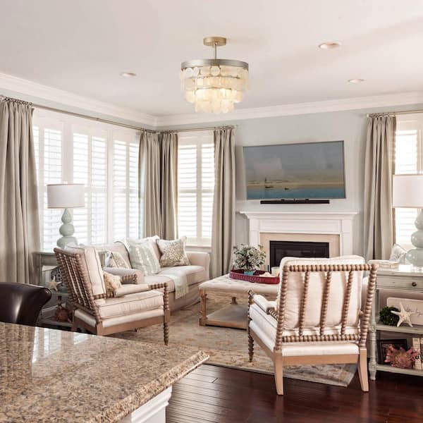 14.5 in. 2-Light Bohemia Antique Nickel Semi-Flush Mount Ceiling Light Fixture with Tiered Shells and No Bulb Included