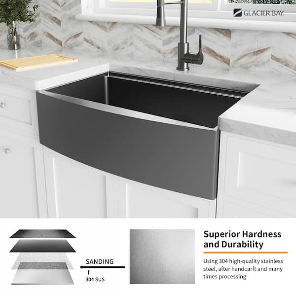 33 in. Gunmetal Black Stainless Steel Single Bowl Farmhouse Workstation Kitchen Sink with Black Spring Neck Faucet