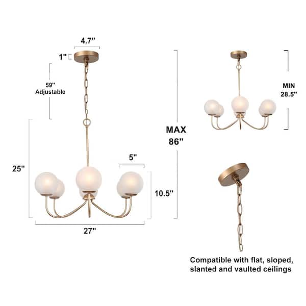 Modern Deep Gold 6-Light Chandelier 27 in. Classic Globe Candlestick Frosted Glass Shades High Ceiling Light