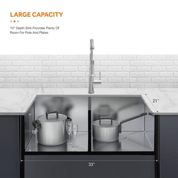 Professional All in One 33 in. Farmhouse Apron-Front Double Bowl Stainless Steel Kitchen Sink with Spring Neck Faucet