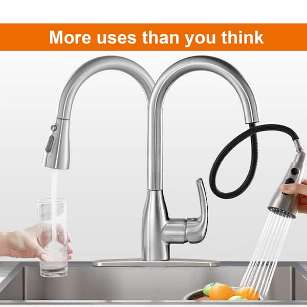 Single Handle Pull Down Sprayer Kitchen Faucet with Deckplate Included in Brushed Nickel