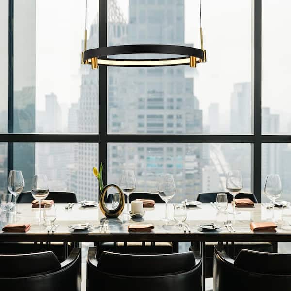 Tania 23 in. ETL Certified Integrated LED Black Chandelier Light Fixture with 2 Adjustable Spotlights in Antique Brass