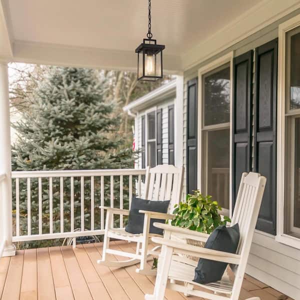 1-Light Black Square Outdoor Pendant Light for Patio Modern Outdoor Hanging Light with Seeded Glass Shade