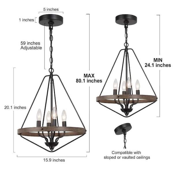 Modern Black Caged Chandelier 4-Light Brown Candlestick Rustic Foyer Chandelier Lamp with Faux Wood Accents