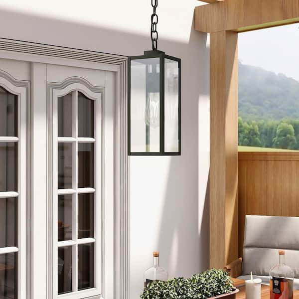 1-Light Matte Black Outdoor/Indoor Pendant Light with Clear Glass Shade