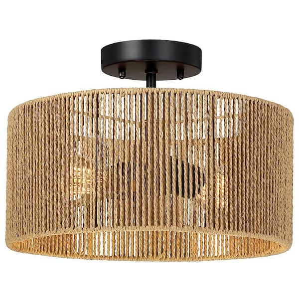 Bohe 14 in. 2-Light Woven Rope Drum Semi-Flush Mount Ceiling Light