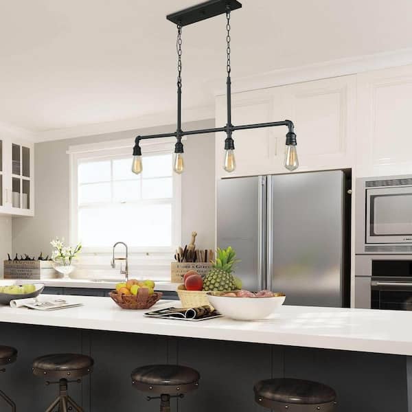 Black Island Chandelier, Industrial 4-Light Linear Matte Black Pipe Chandelier Kitchen Hanging Pendant Light