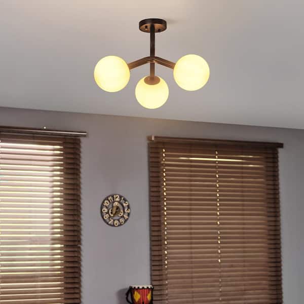 20 in. 3-Light Matte Black Modern Semi-Flush Mount with frosted glass shade and No Bulbs Included