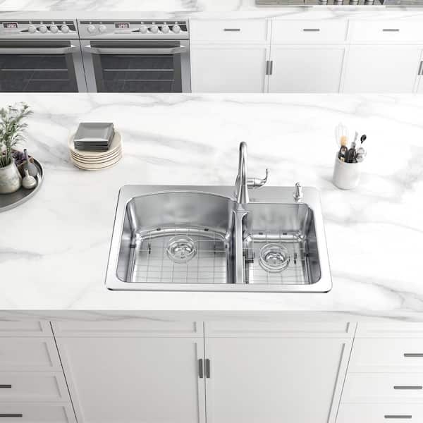 All-in-1-Drop-In/Undermount 18G Stainless Steel 33 in. 2-Hole Double Bowl Kitchen Sink with Pull-Down Faucet
