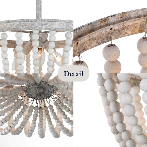 16 in. Modern Farmhouse Antique White Wood Beaded Semi-Flush Mount, 3-Light Bohemian Round Basket Ceiling Lighting