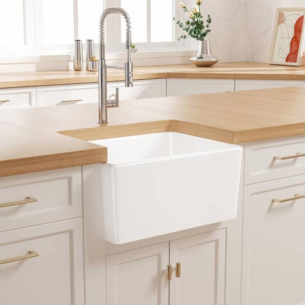 Denbigh Crisp White Ceramic 21 in. Single Bowl Farmhouse Apron Kitchen Sink with Bottom Grid and Pop-up Drain